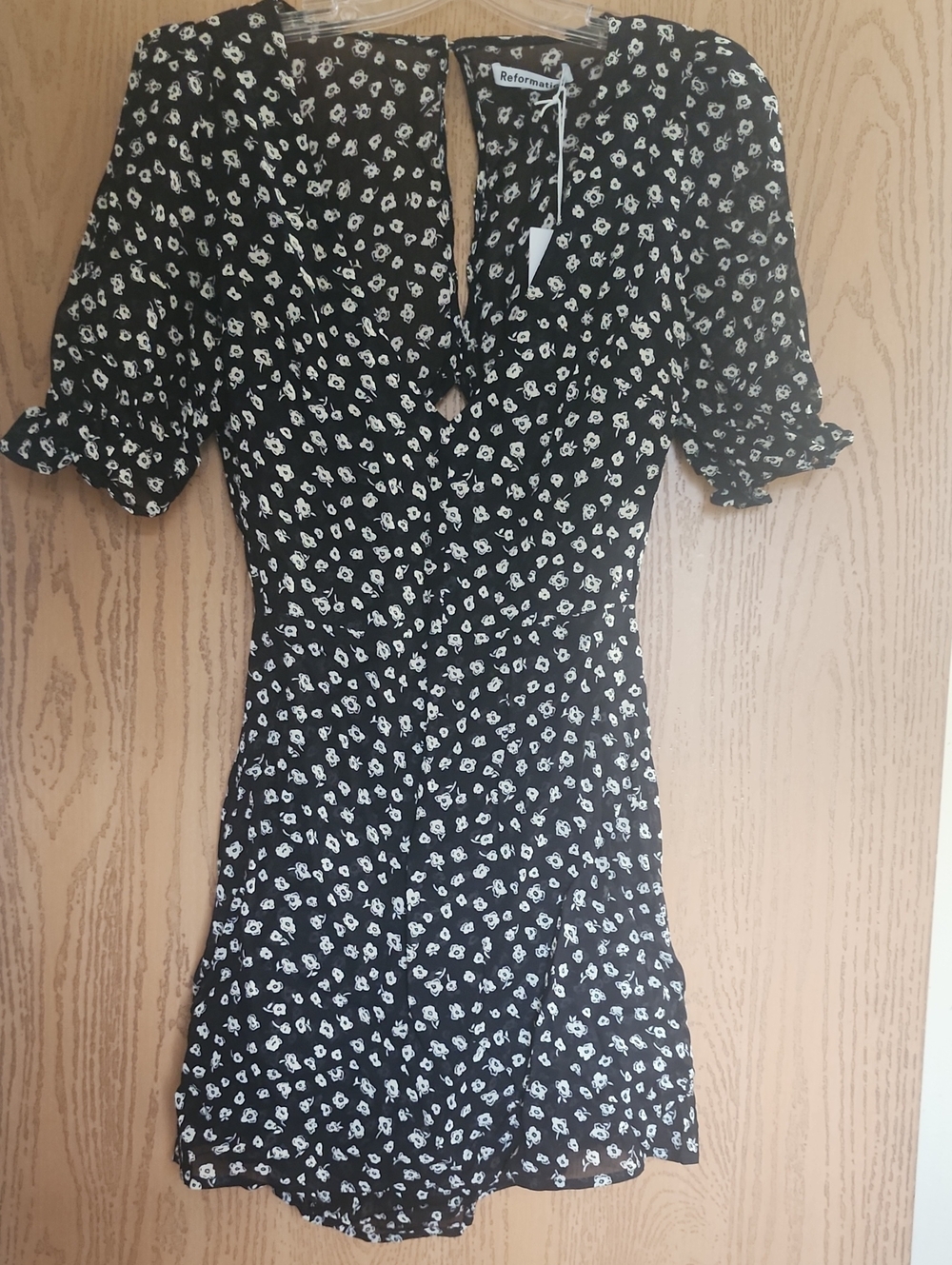 Reformation Black and White Deep V Floral Puff Sleeve Cutout Mini Dress